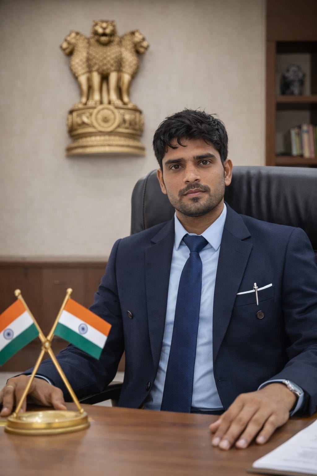 Akhilesh Kumar Singh seated at a wooden desk in an office, with Indian flags and the State Emblem of India behind him